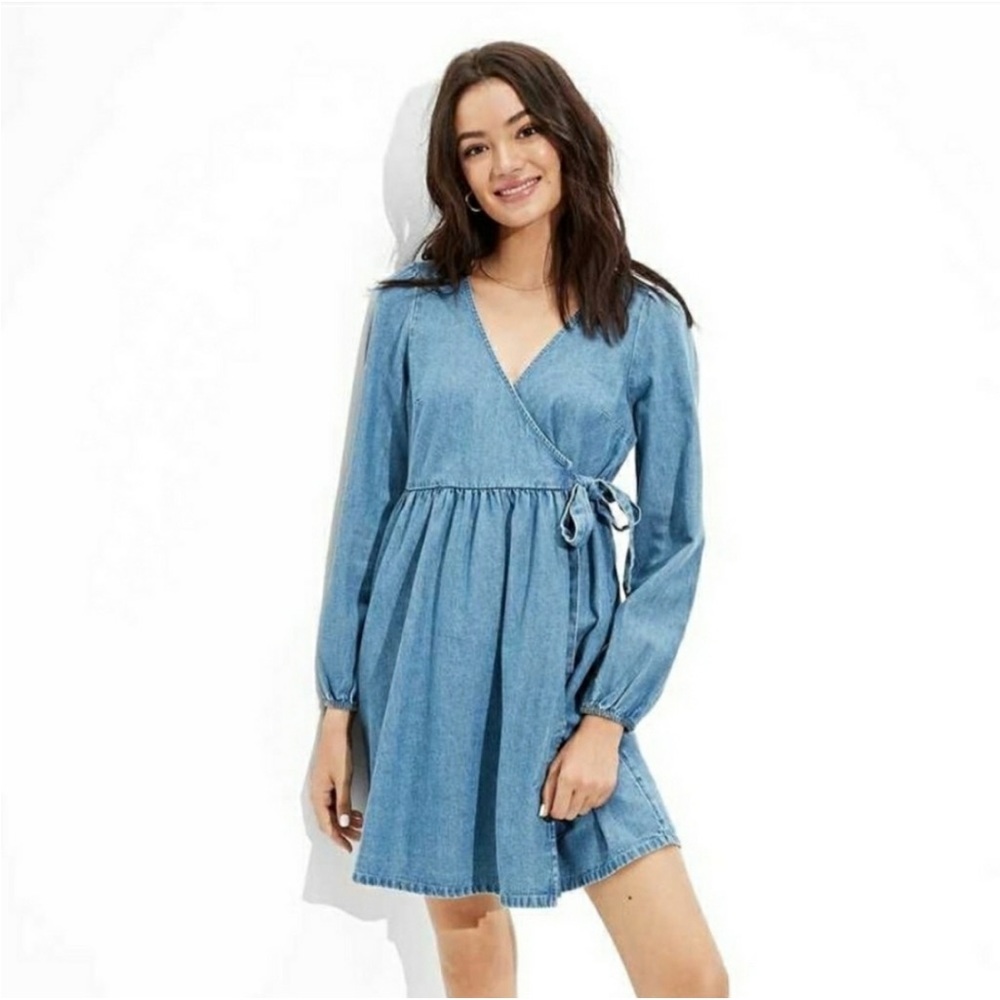 American Eagle Wrap Long Sleeves Babydoll Denim Dress